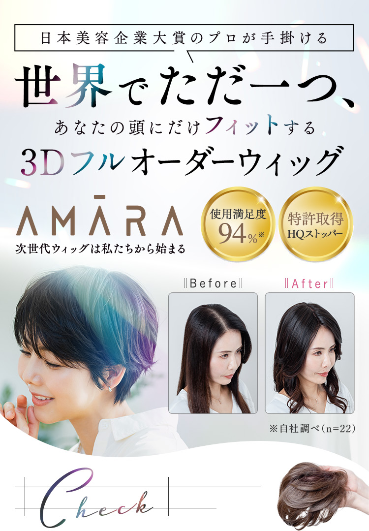 日本美容企業大賞のプロが手掛ける世界でただ一つ、あなたの頭にだけフィットする 3Dフルオーダーウィッグ AMARA 次世代ウィッグは私たちから始まる 使用満足度94％※ 特許取得HQストッパー Before After ※自社調べ（n=22）